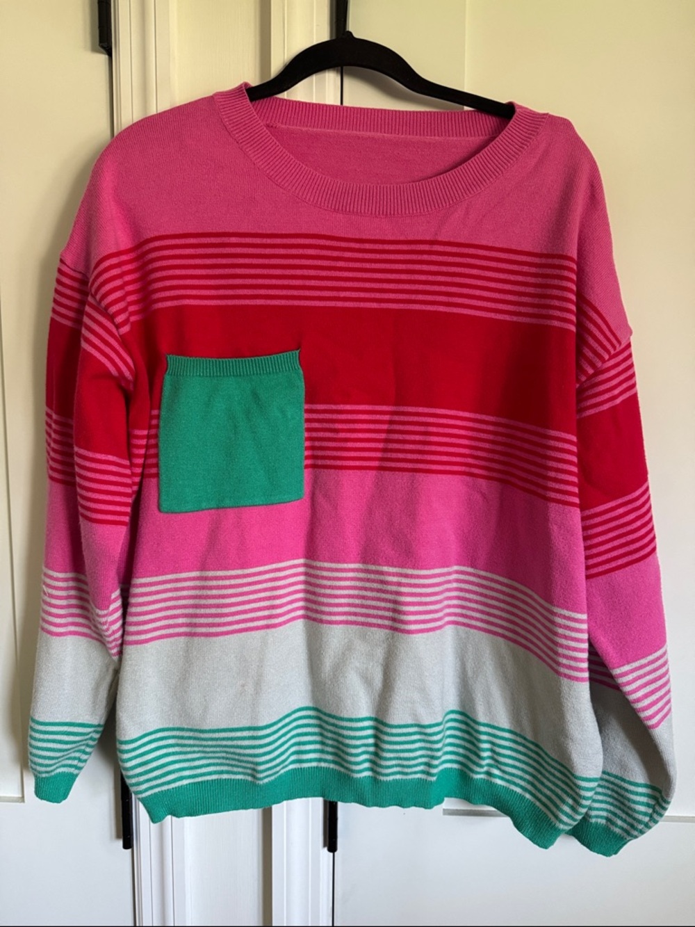 Boutique Striped Pink and Red Crewneck Sweater with Green Accent Pocket